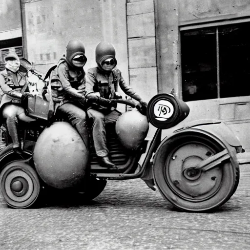 Image similar to minions from despicable me ridding a half - track motorcycle with a single front wheel, better known as the kleines kettenkraftrad hk 1 0 1, in the empty and destroyed london, circa 1 9 3 9, 4 k hd