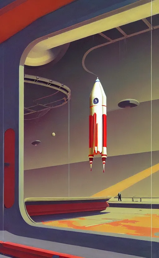 Prompt: Space rocket lunching station ,very coherent, painted by Edward Hopper, Wayne Barlowe, painted by James Gilleard, airbrush, art by JamesJean