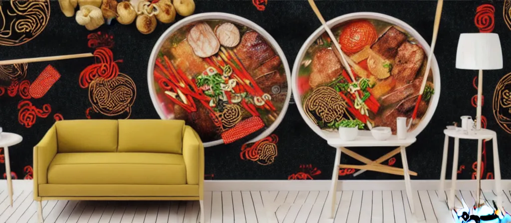 Image similar to a beautiful simple 4 k hd wall paper illustration of roasted string hotpot, wallpaper design, simple style, gourmet style, commercial kebab hotpot wallpaper display, wall painting, from china, with merchant logo, simple structure, surrealistic, chinese style, victo ngai, james jean, denoise, deblurring