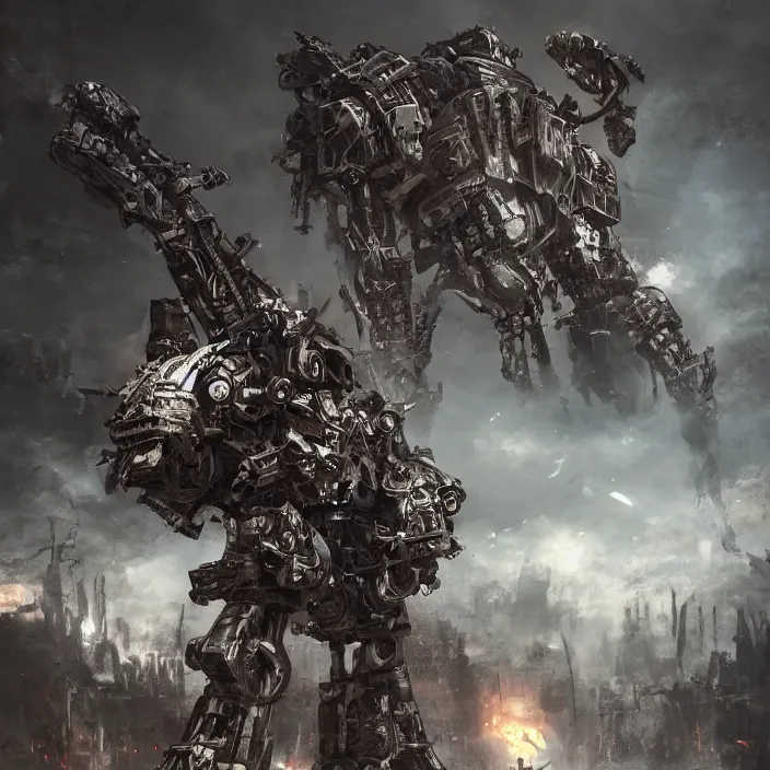 Prompt: human standing next to mech - warrior, hyper - detailed, sharp focus, 4 k ultra hd, fantasy dark art, apocalyptic art