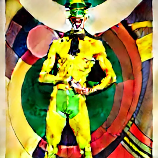 Image similar to art by joshua middleton, the yellow creeper, a tall manically smiling yellow - skinned man with green and black striped cycling shorts and wearing a long red feather boa, yellow makeup, mucha, kandinsky, poster, comic art, stylised design