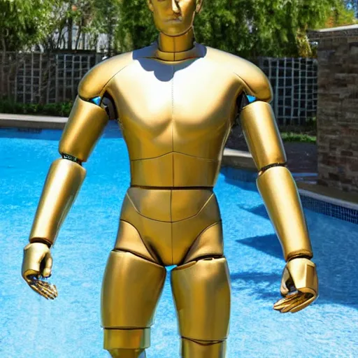 Image similar to a realistic detailed photo of a guy who is an attractive humanoid who is half robot and half humanoid, who is a male android, wrestler aj ferrari, shiny skin, posing like a statue, blank stare, by the pool, on display, showing off his muscles, humanoid robot, frozen ice statue