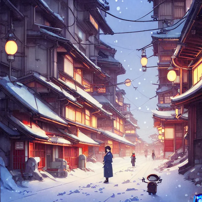 Image similar to japanese big city, winter, in the style of studio ghibli, j. c. leyendecker, greg rutkowski, artem