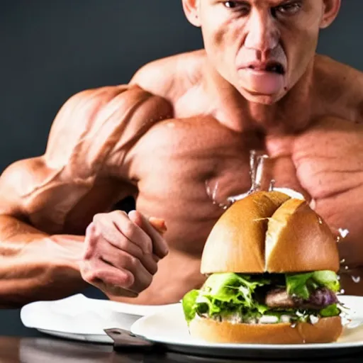 Prompt: a very vascular, sweaty body builder angrily eating a squid sandwich, while sitting at a table with a large squid on top.