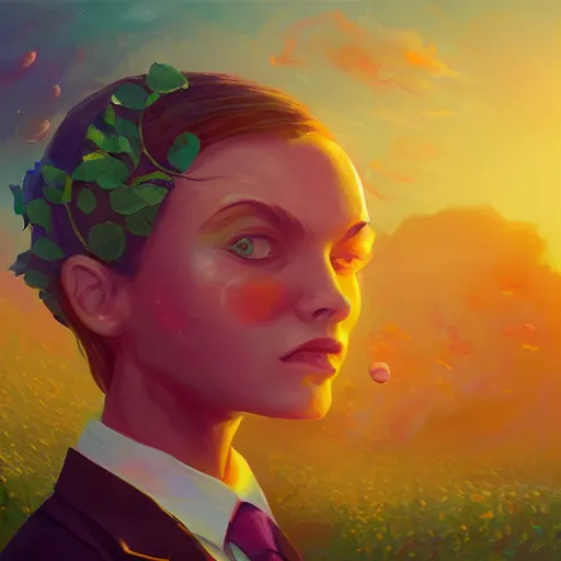 Image similar to closeup, huge rose flower face, frontal, a girl in a suit, surreal photography, sunrise, dramatic light, impressionist painting, digital painting, artstation, simon stalenhag