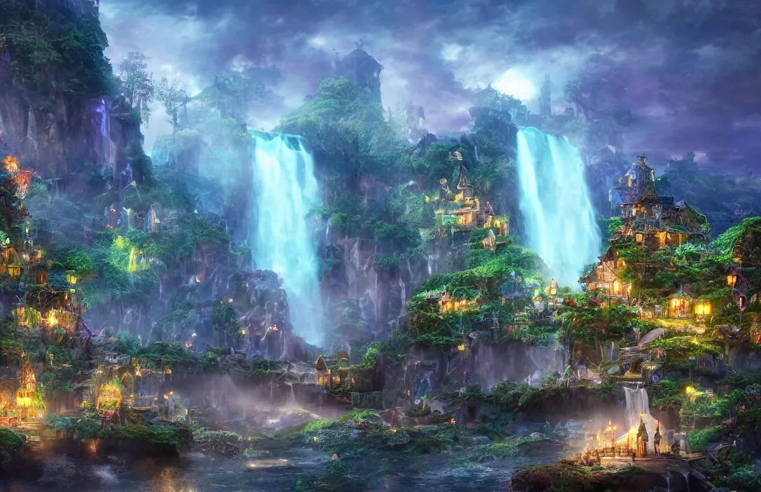 Prompt: magical fantasy town, background : giant bioluminscent waterfall, quaint vibes, epic fantasy, ultra hd render + 4 k uhd + immense detail + very crisp and clear image