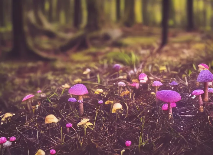 Image similar to a fantasy forest on an alien planet with delicate flowers and mushrooms that glow in the dusk, macro close up, bokeh,