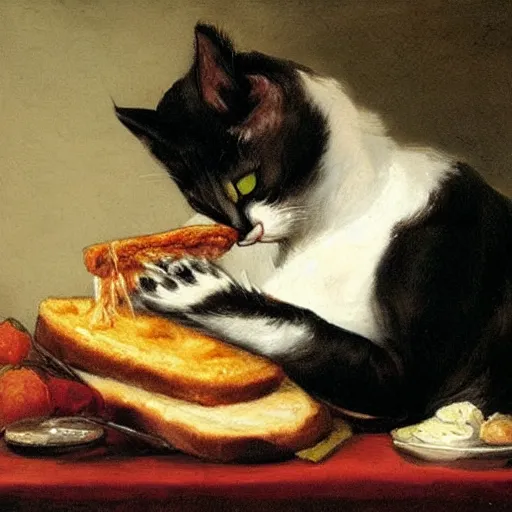 Prompt: painting of Cat eating a sandwich, Rembrant style