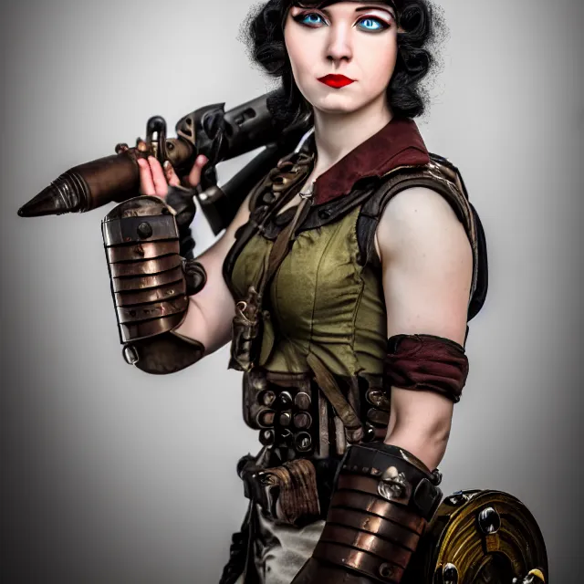 Image similar to full length photo of a very beautiful female dieselpunk warrior, 8 k, hdr, smooth, sharp focus, high resolution, award - winning photo