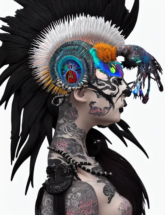 Image similar to 3 d goddess close - up profile portrait punk with mohawk with ram skull. beautiful intricately detailed japanese crow kitsune mask and clasical japanese kimono. betta fish, jellyfish phoenix, bio luminescent, plasma, ice, water, wind, creature, artwork by tooth wu and wlop and beeple and greg rutkowski