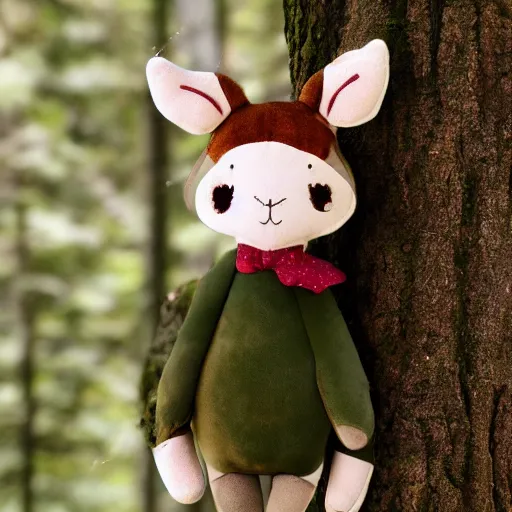 Prompt: a happy deer plush doll with forest background