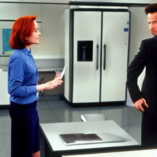 Image similar to mulder and scully investigate the fridge at the dmv, television still