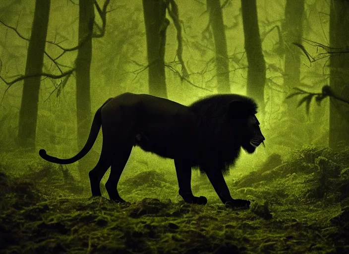 Image similar to professional wildlife photograph of a black lion standing in a foggy dark jungle at night, surrounded by dense dark trees at night, moss, ferns, cinematic lighting, apex predator, natgeo