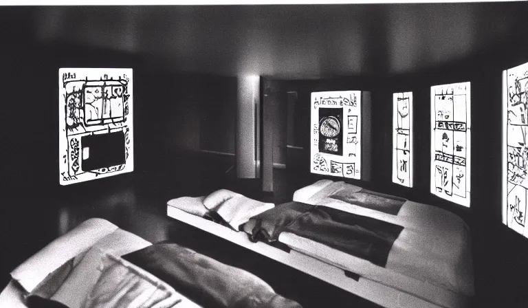 Prompt: A bedroom designed by Nam June Paik, 35mm film, long shot