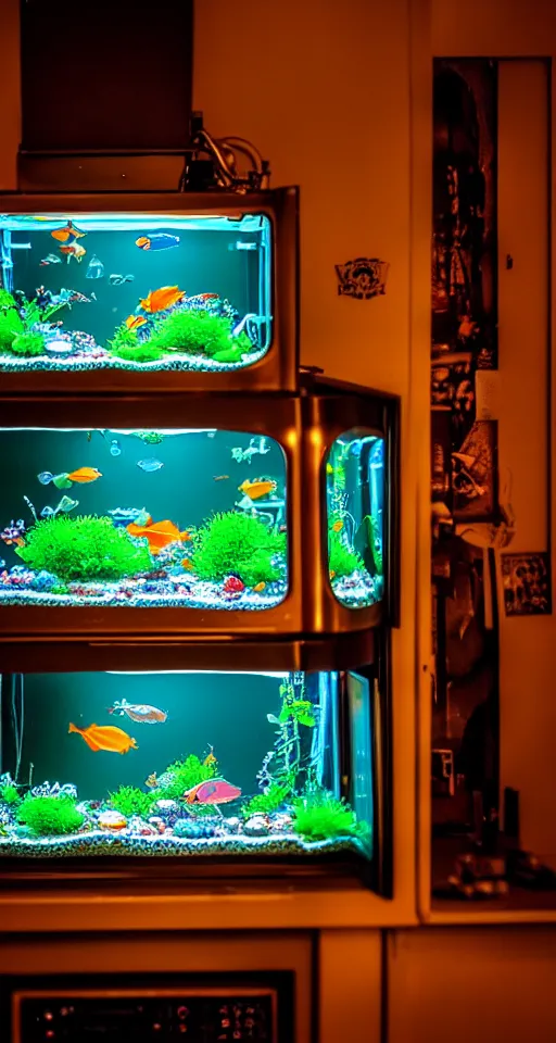 Image similar to telephoto 7 0 mm f / 2. 8 iso 2 0 0 photograph depicting the feeling of chrysalism in a cosy safe cluttered french sci - fi art nouveau cyberpunk apartment in a dreamstate art cinema style. ( ( fish tank ) ), ambient light.