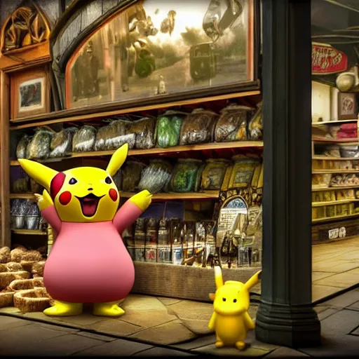 Image similar to unreal 5 render ultradetail of pikachu in an old english market place the style of the scream,