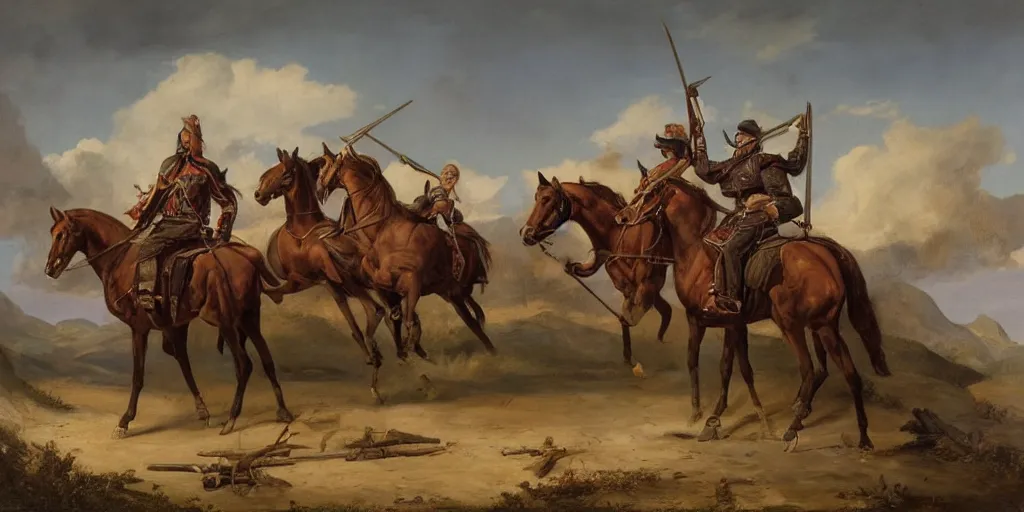 Image similar to artwork by eugene von guerard, the four horsemen