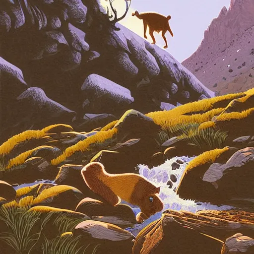 Image similar to painting by kilian eng of a group of marmots playing in a mountain stream, kilian eng