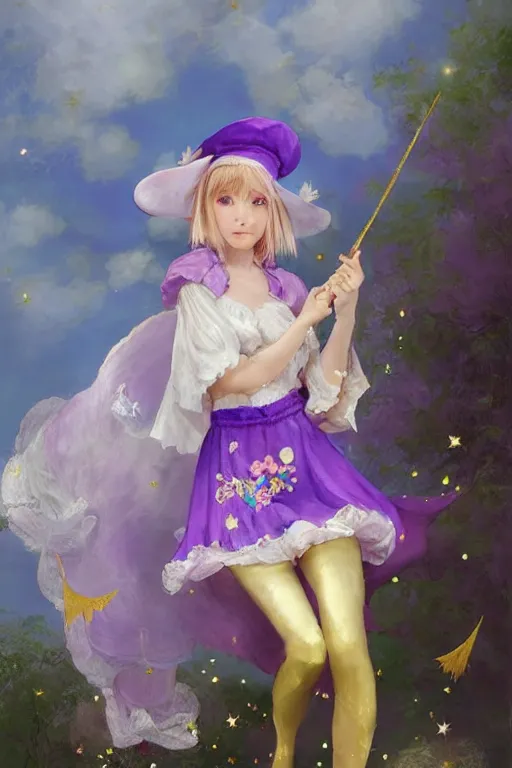 Image similar to Full View fairy maiden with short blond hair wearing an oversized purple Beret, Baggy Purple overall shorts, Short Puffy pants made of silk, silk shoes, a big billowy scarf, Golden Ribbon, and white leggings Covered in stars. covered in embroidery. Short Hair. peasant magic. masterpiece 4k digital illustration by Ruan Jia and Mandy Jurgens and Artgerm and william-adolphe bouguereau, award winning, Artstation, art nouveau aesthetic, Alphonse Mucha background, intricate details, realistic, panoramic view, Hyperdetailed, 8k resolution, intricate art nouveau