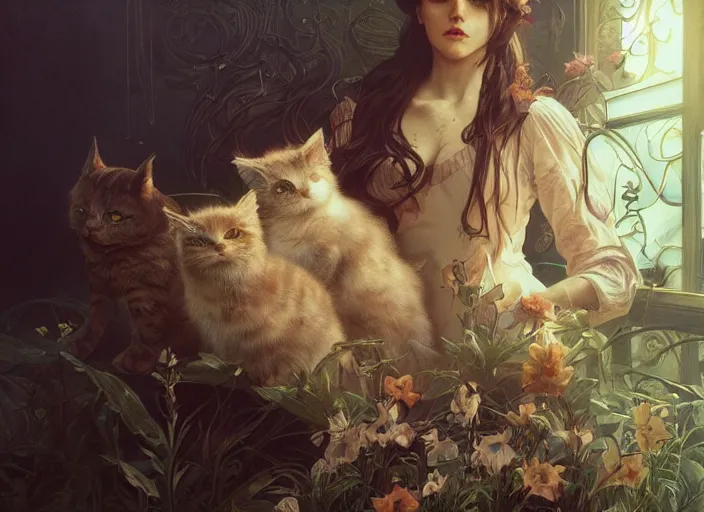 Image similar to a dramatic highly detailed render of cat family , wonderland , by WLOP and Artgerm and Greg Rutkowski and Alphonse Mucha, Beautiful dynamic dramatic dark moody lighting, shadows, cinematic atmosphere, Artstation, Octane render, 8K, masterpiece, sharp focus, hyperrealistic, photograph