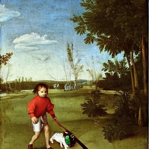 Image similar to a kid at the park walking a velociraptor with a leash, renaissance oil painting