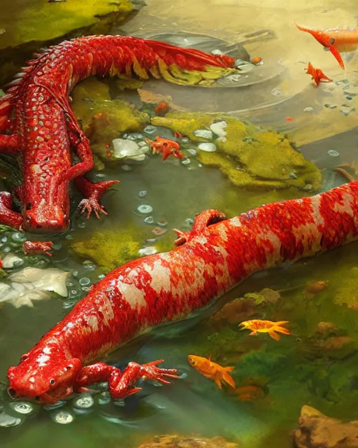 Image similar to game character beautiful pond dragon half fish half salamander, wet amphibious skin, red salamander, axolotl creature, koi pond, korean village by Ruan Jia and Gil Elvgren, fullbody