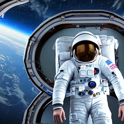 Image similar to astronaut in space wearing a spacesuit floating outside space station, highly detailed, photorealistic portrait, bright studio setting, studio lighting, crisp quality and light reflections, unreal engine 5 quality render