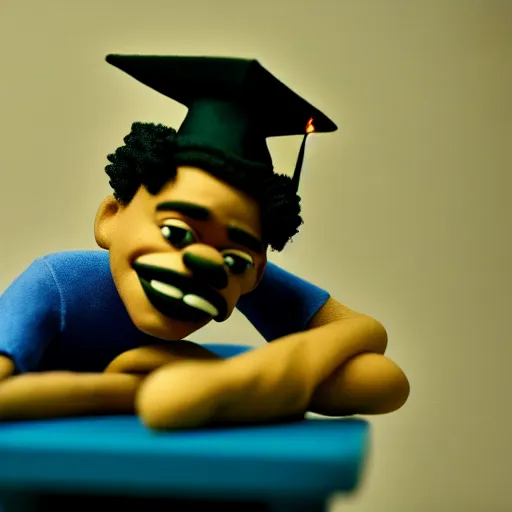 Image similar to a cinematic film still of a claymation stop motion film starring chance the rapper as a college student, shallow depth of field, 8 0 mm, f 1. 8