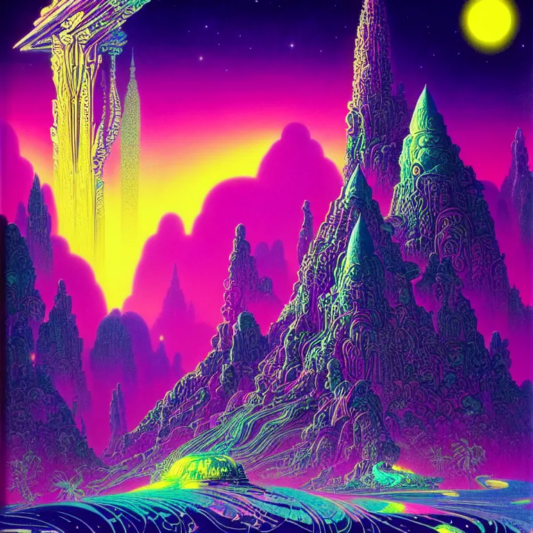 Image similar to mysterious rocket hovers over mythical crystal temple, psychedelic waves, synthwave, bright neon colors, highly detailed, cinematic, eyvind earle, tim white, philippe druillet, roger dean, ernst haeckel, lisa frank, aubrey beardsley