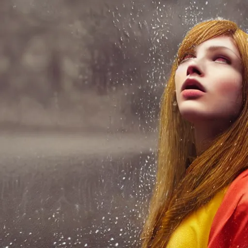 Image similar to a beautiful girl with long blue hair in a ponytail, with bangs, pale skin, yellow eyes, fully clothed in red robes, highly detailed, 8 k, octane render, professional portrait, realistic oil painting, rainy window, volumetric lighting, water droplets frozen in time, sprites, god rays,