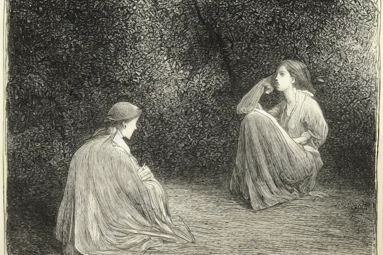 Prompt: black and white, young french woman sitting in the park at midnight, Gustave Dore lithography