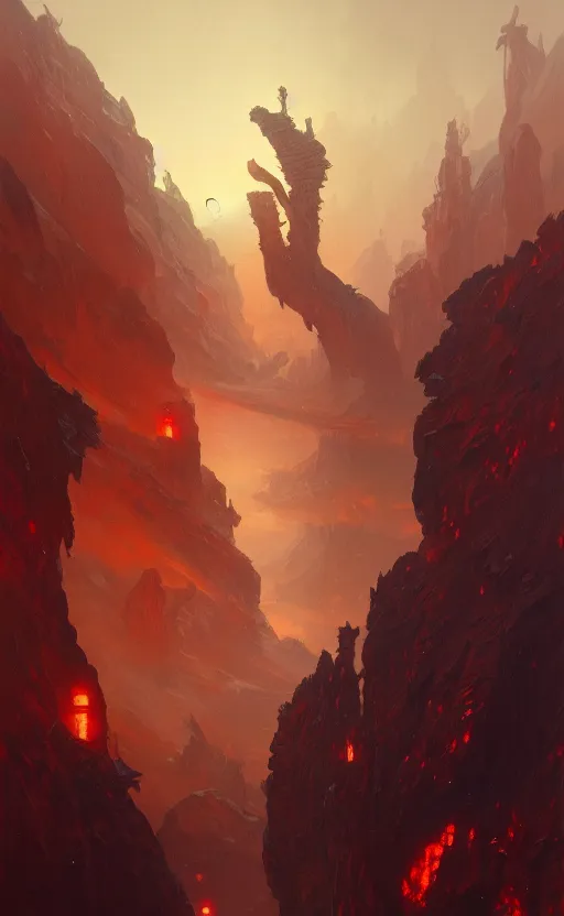 Image similar to a painting of a hellish landscape, concept art, deep focus, intricate, highly detailed, digital painting, artstation, matte, sharp focus, illustration, art by greg rutkowski and alphonse mucha