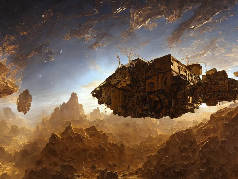 Image similar to an oil painting of a cracked plane on an alien planet and a large fractal cube by carl spitzweg and tuomas korpi. baroque elements, full-length view. baroque element. intricate artwork by caravaggio. Trending on artstation. 8k