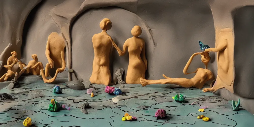 Image similar to plasticine sculpture stop motion. salvador dali clay models. visitors. gallery painting of flower. water floor. room with a hole in wall. john craxton. high detail. photorealistic