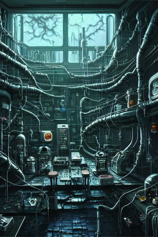 Image similar to a highly detailed painting of a mad scientist laboratory on halloween, 1 9 8 0 s science fiction, 1 9 7 0 s science fiction, alien 1 9 7 9, cyberpunk, 3 d oil painting, depth perception, 4 k, artstation