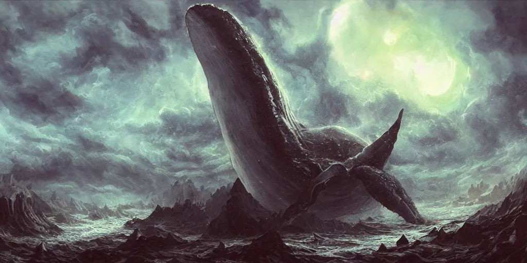 Image similar to concept art of giant whale, lava rocks, lovecraftian, renaissance, roaring, melting horror, round moon, rich clouds, fighting the horrors of the unknown, overgrown forest, very detailed, volumetric light, mist, fine art, decaying, textured oil over canvas, epic fantasy art, very colorful, ornate scales