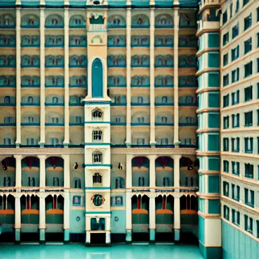 Image similar to Symmetric Wes Anderson film still in a Graduate School without people. Establishing shot. Architecture. 8k resolution. Pastel. Sharp. Whimsical. Symmetry. Stunning.