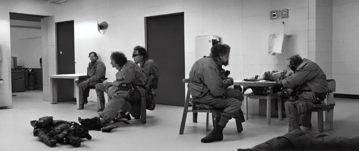 Prompt: filmic wide shot movie still 4 k uhd interior 3 5 mm film color photograph of two armed guards sitting down and talking in a break room in a military base, in the style of the horror film the thing 1 9 8 2