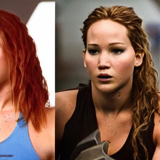 Image similar to first photos of 2 0 2 4 female pumping iron remake - muscular jennifer lawrence as conan, put on 1 0 0 pounds of muscle, looks different, steroids, hgh, ( eos 5 ds r, iso 1 0 0, f / 8, 1 / 1 2 5, 8 4 mm, postprocessed, crisp face, facial features )