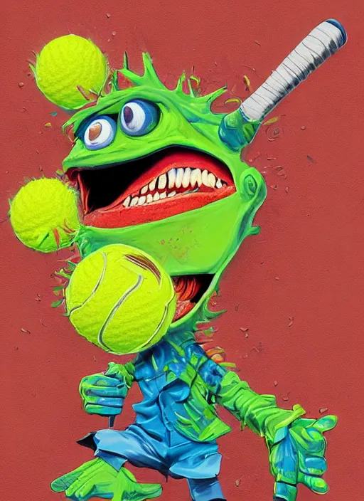 Image similar to good morning pancake and coffee monsters , a tennis ball monster ,tennis ball, colorful, digital art, fantasy, magic, trending on artstation, ultra detailed, professional illustration,chalk, poster artwork by Basil Gogos , clean