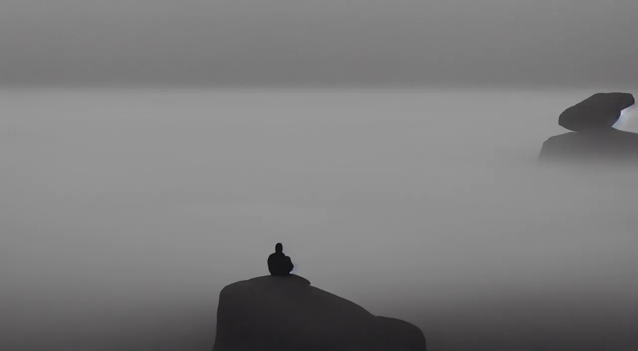 Image similar to matthew snowden painting style a lonely silhouette of a meditating monk sitting in the fog on a stone protruding from the water in the rays of the morning sun, the focus of the camera on the monk.