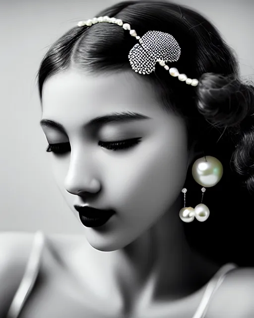 Prompt: black and white dreamy young beautiful female artificial intelligence, ornament very small pearls in the face, long hair are intricate with highly detailed small pearls, cinematic, rim light, bokeh, photo - realistic, elegant, high detail, 8 k, masterpiece, photo taken in 1 9 3 0