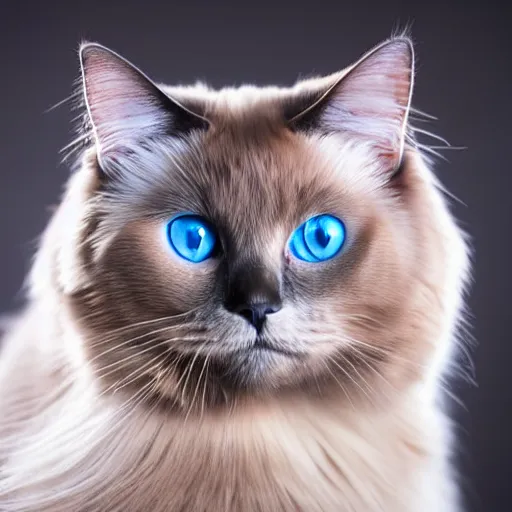 Image similar to full-body studio photograph of a birman cat, clear ice-blue eyes, warm brown colorpoints, hd, studio lighting, stock photo, longhaired, anatomically accurate