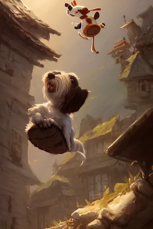 Image similar to adorable jack russel terrier jumping over a small house, extreme wide angle, fantasy art, artstation character design contest winner, trending on cgsociety, concept art, speedpaint, beautiful digital art, jesper ejsing, james jean, justin gerard, fenghua zhong, makoto shinkai, highly detailed