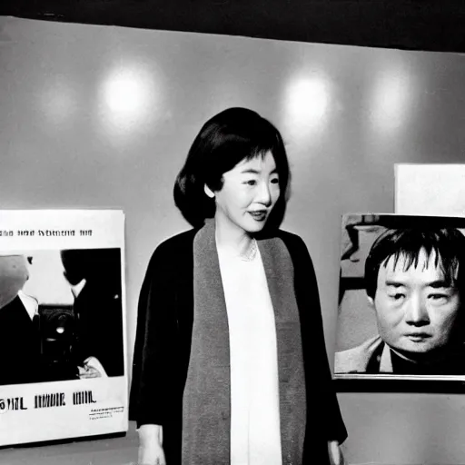 Image similar to 1960s press archive of the actress Choi Eun-Hee and director Shin Sang-ok, Reuters, 35mm film, film grain, mysterious exterior, flash and flare, underexposed