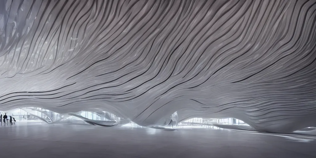 Prompt: extremely detailed awe stunning beautiful futuristic smooth curvilinear elegant museum interior by zaha hadid, translucent gills, stunning volumetric light, stainless steel, concrete, translucent material, beautiful sunset, hyper real, 8k, colorful, 3D cinematic volumetric light, atmospheric light