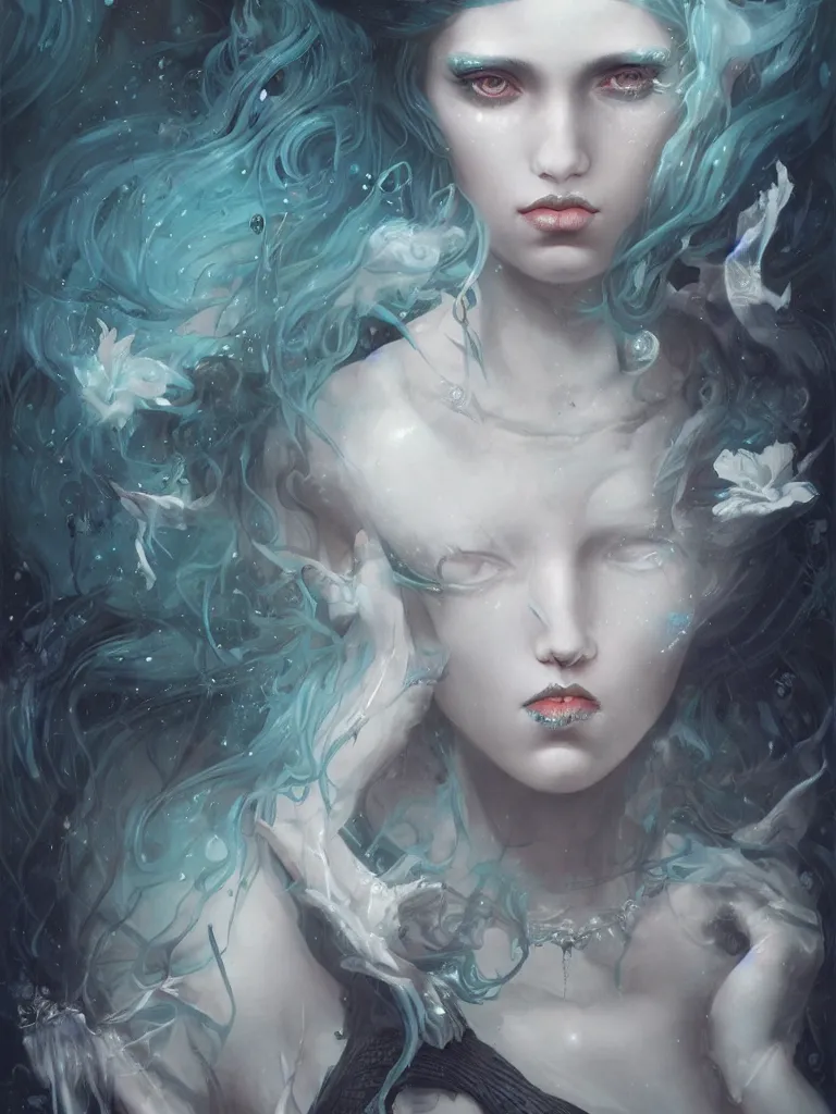 Image similar to a seapunk portrait of a nymph with shadowy eyes and bonewhite hair, with black glossy lips, hyperrealistic, award-winning, masterpiece, in the style of Tom Bagshaw, Cedric Peyravernay, Peter Mohrbacher