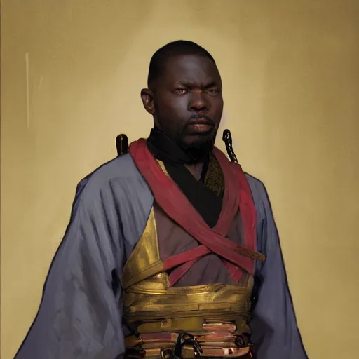 Prompt: a full body fantasy portrait oil painting illustration of an African samurai by Justin Sweet and Greg Rutkowski and Alphonse Mucha and Jacob Lawrence and Kehinde Wiley with face and body clearly visible, visible pupils, d&d, rpg, forgotten realms, artstation trending, high quality, sombre mood, artstation trending, muted colours, no crop, entire character!