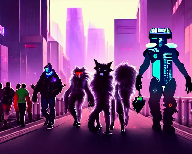 Image similar to high - resolution photograph from a cyberpunk era furry fandom convention ( midwest furfest 2 0 4 7 ), taking place after the genetic revolution and singularity. photorealistic.