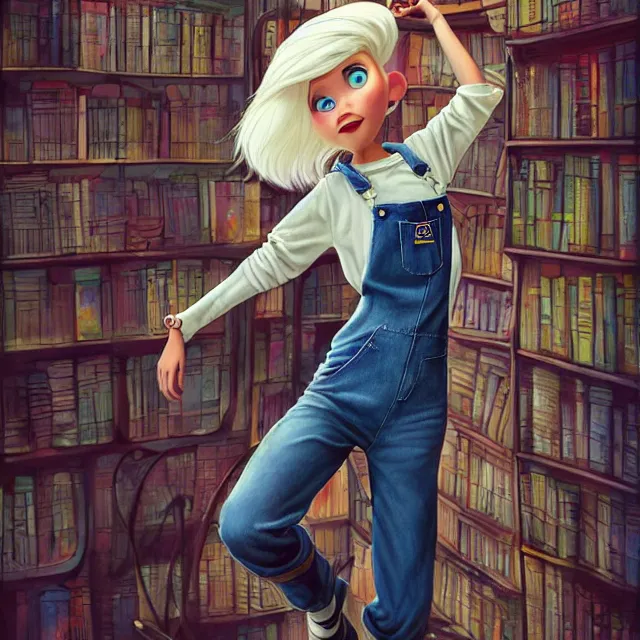 Image similar to full body pose, beautiful adult book fairy, pixar, short white hair shaved sides, dirty, grungy, grunge, long sleeve, painted overalls, stacks of giant books, highly detailed, 4 k, hdr, smooth, sharp focus, high resolution, award - winning photo, artgerm, photorealistic